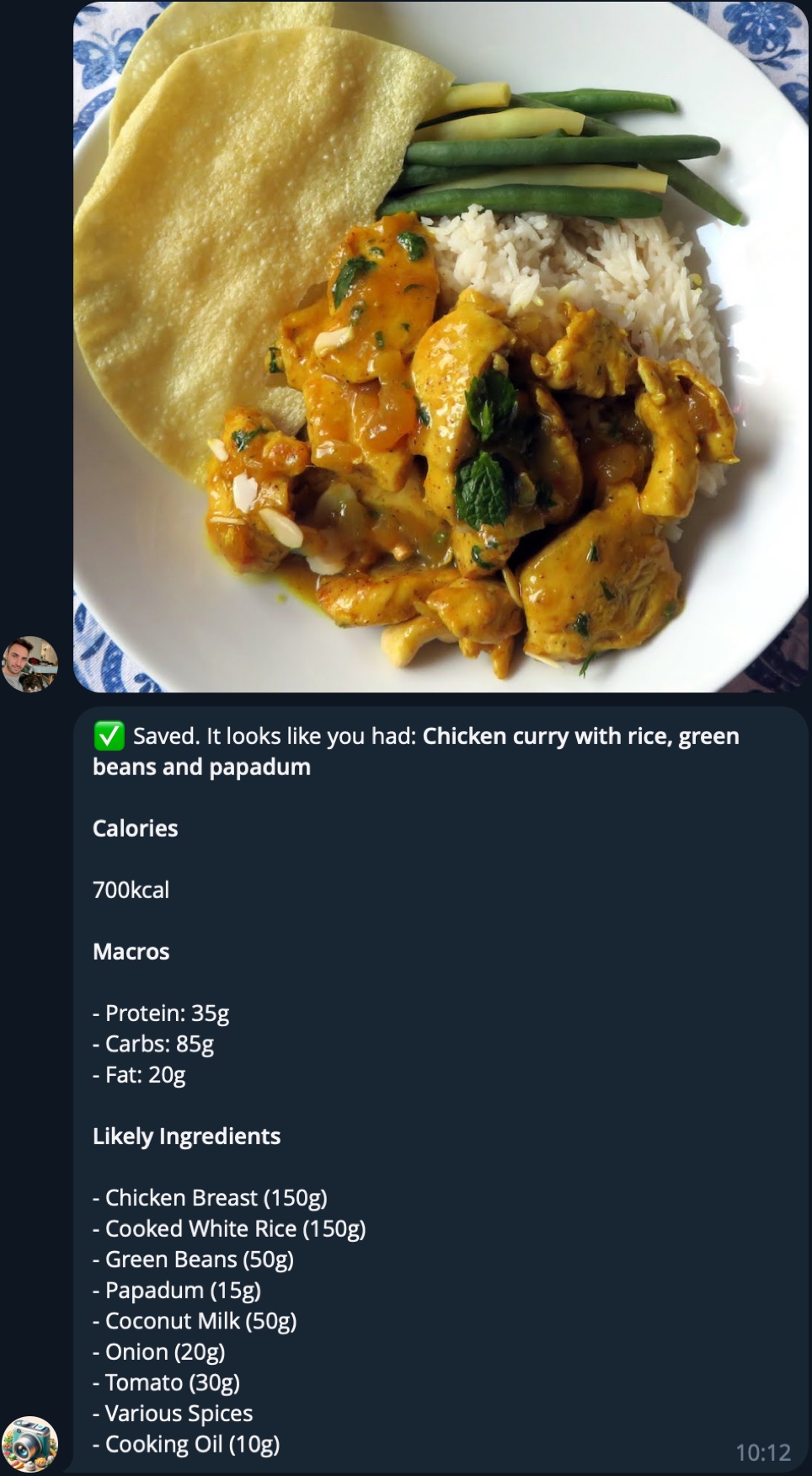 Sending a picture of chicken curry with rice to the chat bot and getting back calories, macros and ingredients.